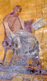 Pompeji, Wandbild, junger Mann auf einem Stuhl